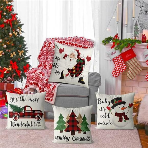 18x18 Set of 4 Red Black Christmas Tree Truck Snowman Farmhouse Pillow Case - Picture 3 of 6